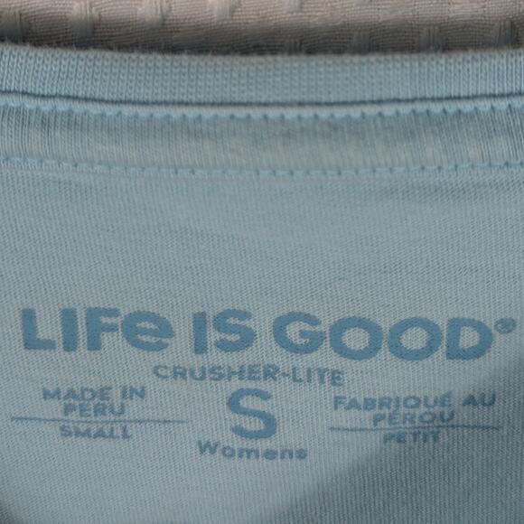 Life Is Good Womens Small Crusher Lite Blue Graphic Tee Road Trip Sunset Camper - Picture 3 of 4